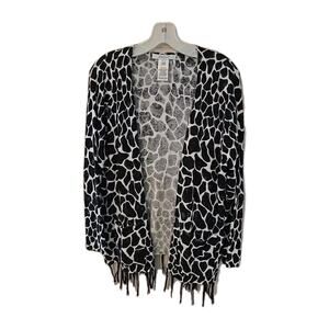 Foxcroft Black Leopard Print Open Front‎ Fringe Cardigan Sweater Womans Sz Large